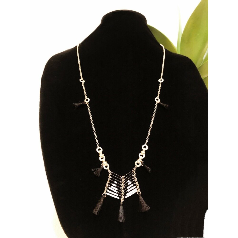 Anthropologie Massai Bead Fringe BlK WHite GOld Chain Necklace NWT $28 set of 2 - Picture 2 of 3